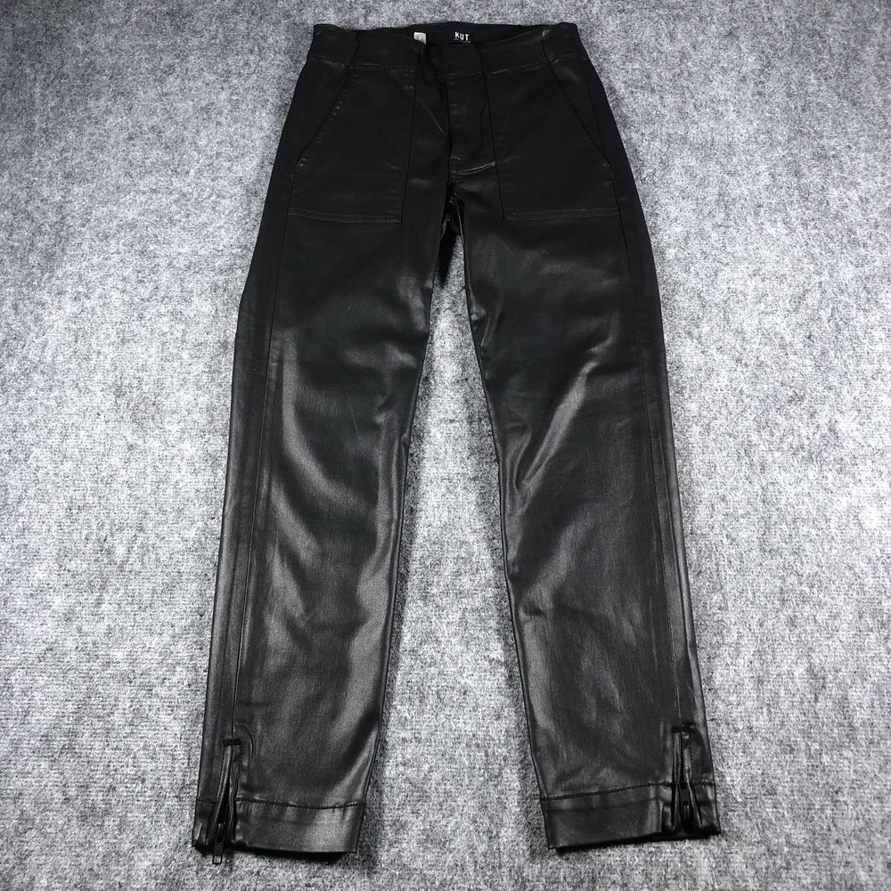 KUT from the Kloth Pants Womens 0 Black Reese Ankle Straight Leg Coated Zip Hem